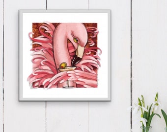 Pink  Martini Flamingo Fine Art Print, Cocktail Art 3 sizes