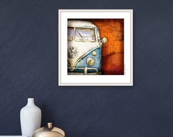 Retro Bus Blue on Rust Fine Art Print