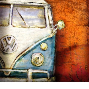 Retro Bus Blue on Rust Fine Art Print image 2