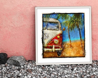 Red Bus in Paradise Fine Art Print, Tropical Retro Vacation Vibe art