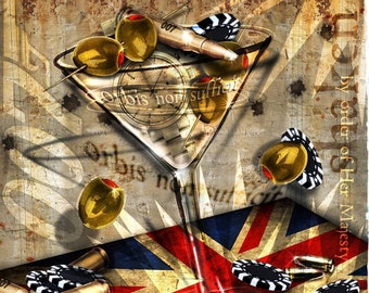 007 James Bond inspired Martini Fine Art Print, Casino Royale Art Bullet Rolex Martini, collector art