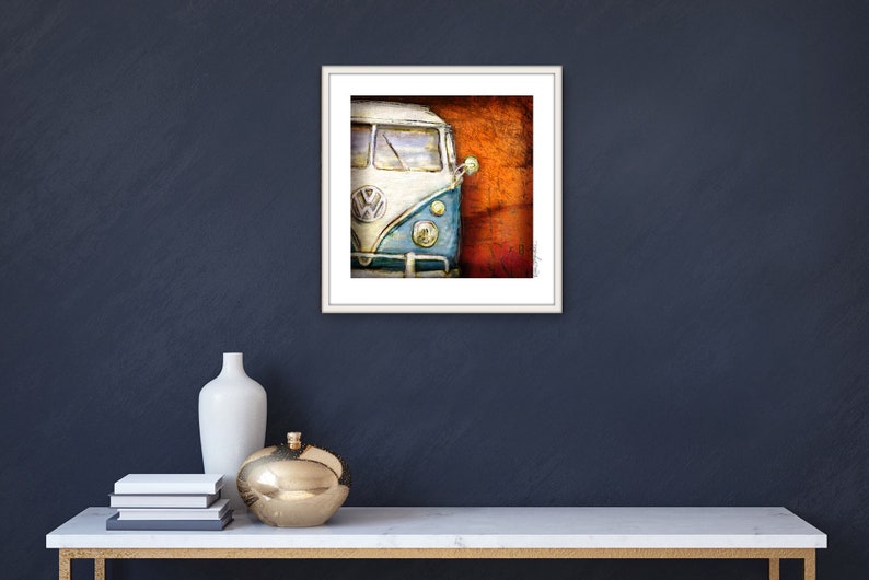 Retro Bus Blue on Rust Fine Art Print image 1