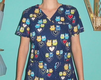 Vintage Blue Owl Scrub Top S Cherokee scrubs pockets nurse vet tech