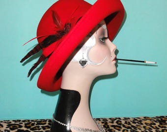 Vintage Scala Red Wool Cloche Hat w/ Feathers upturn brim