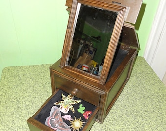 Vintage Wood Dressing Table Flip Top Mirror w/ Drawers jewelry box vanity