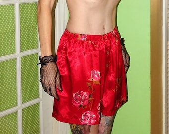 Vintage Rot & Pink Floral Satiny Pyjama Shorts L