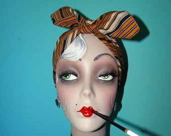 Vintage Tan Purple & Black Striped Head Scarf