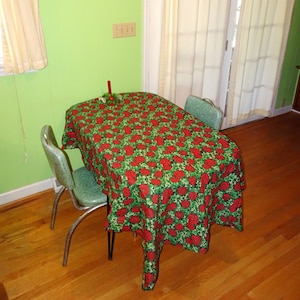 Vintage Red & Green Poinsettia Tablecloth