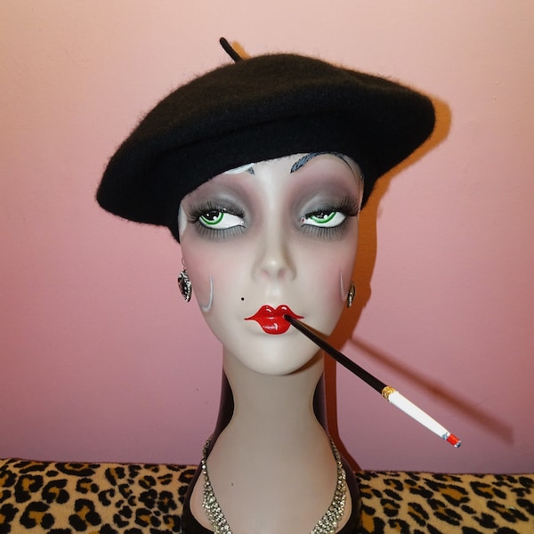 Vintage Black Wool Beret Hat