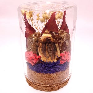 May include: A clear glass terrarium with a cork base, filled with dried flowers, leaves, and insects. The arrangement includes red, purple, and brown elements, creating a unique decorative piece.