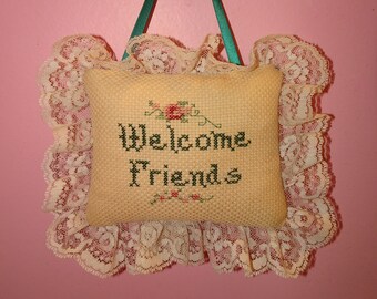 Vintage Welcome Friends Cross Stitch Wall Hanging