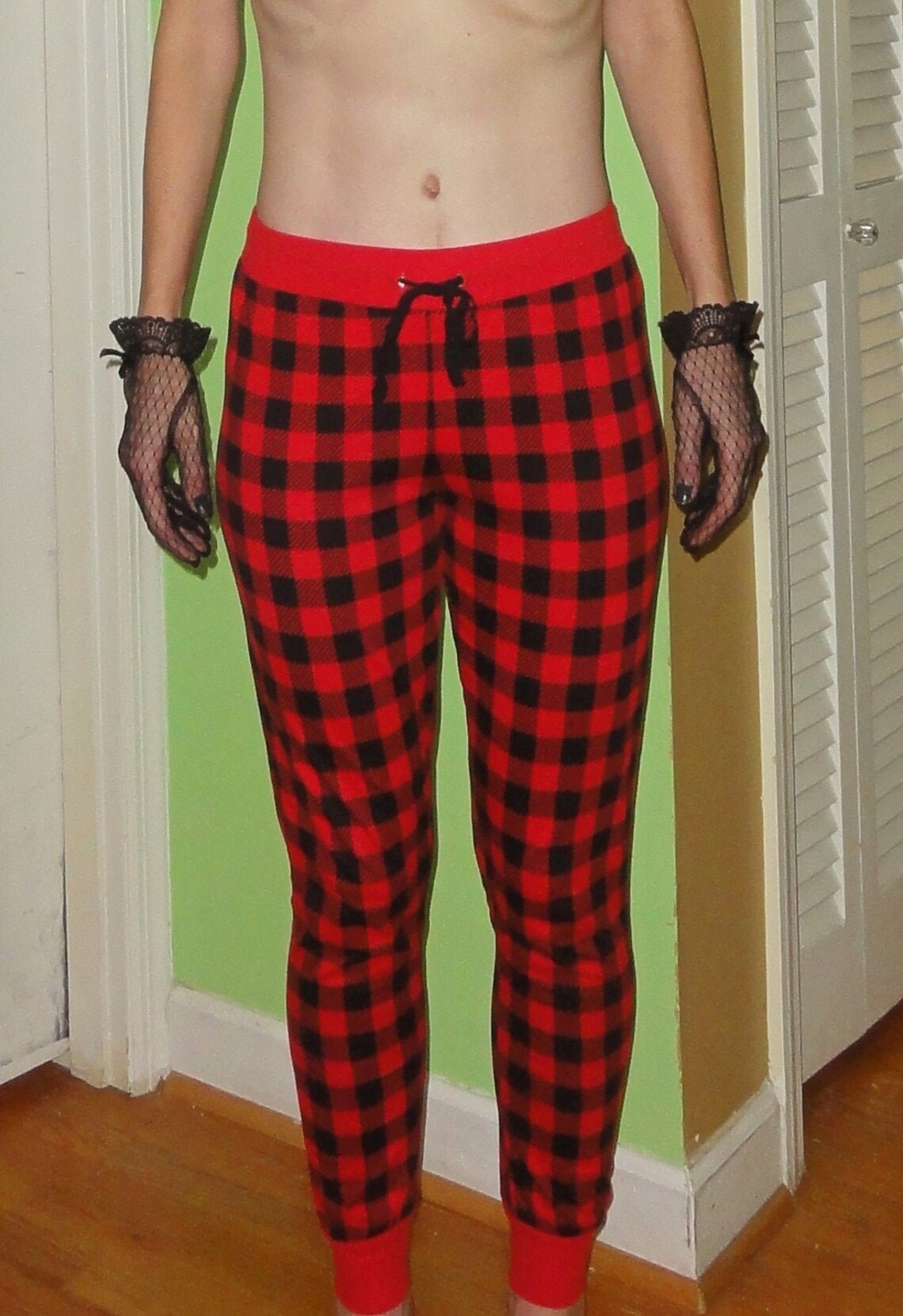 red and blue plaid pajama pants