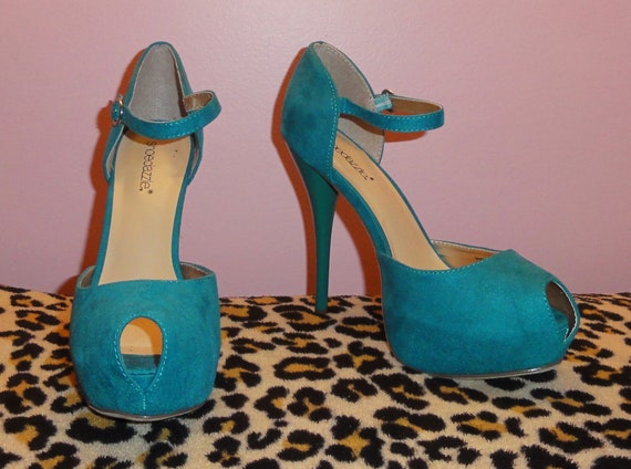 Vintage Teal Peep Toe High Heel Shoes 8 