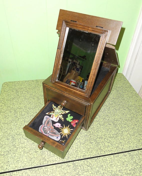 Vintage Wood Dressing Table Flip Top Mirror w/ Drawers jewelry box vanity