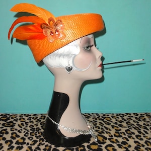 Vintage Paul Bensam Custom Feather Pillbox Hat Orange Green Union Made 1960s Feather Pillbox Multi-Color Vintage Hats for Women for sale  main image 3