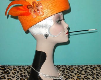 Vintage Orange Pillbox Hat w/ Feathers Sequins Butterfly