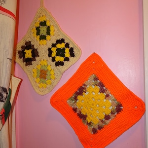 Vintage Two Large 1970&#39;s Pot Holders hot pads hand crocheted orange yelllow brown mcm retro country kitchen kitsch pot holder