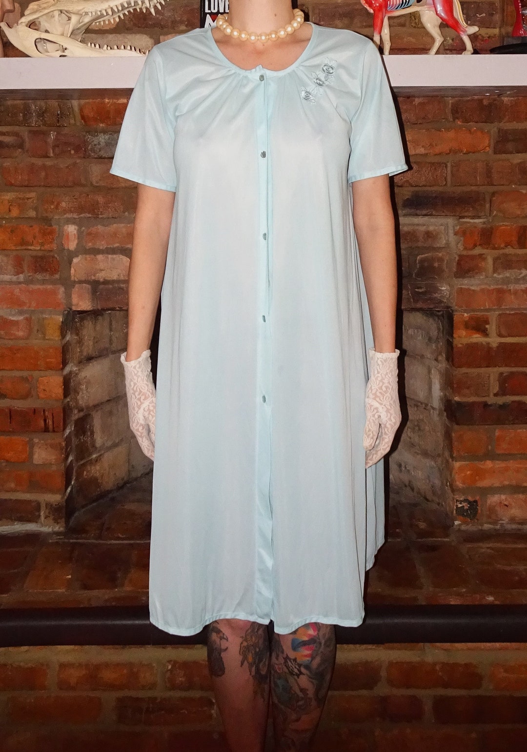 Vintage Light Blue Nightgown M floral bordado pinup retro ropa de