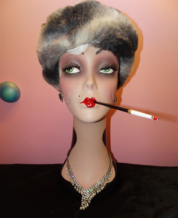 Vintage Grey & White Faux Fur Hat - image 2