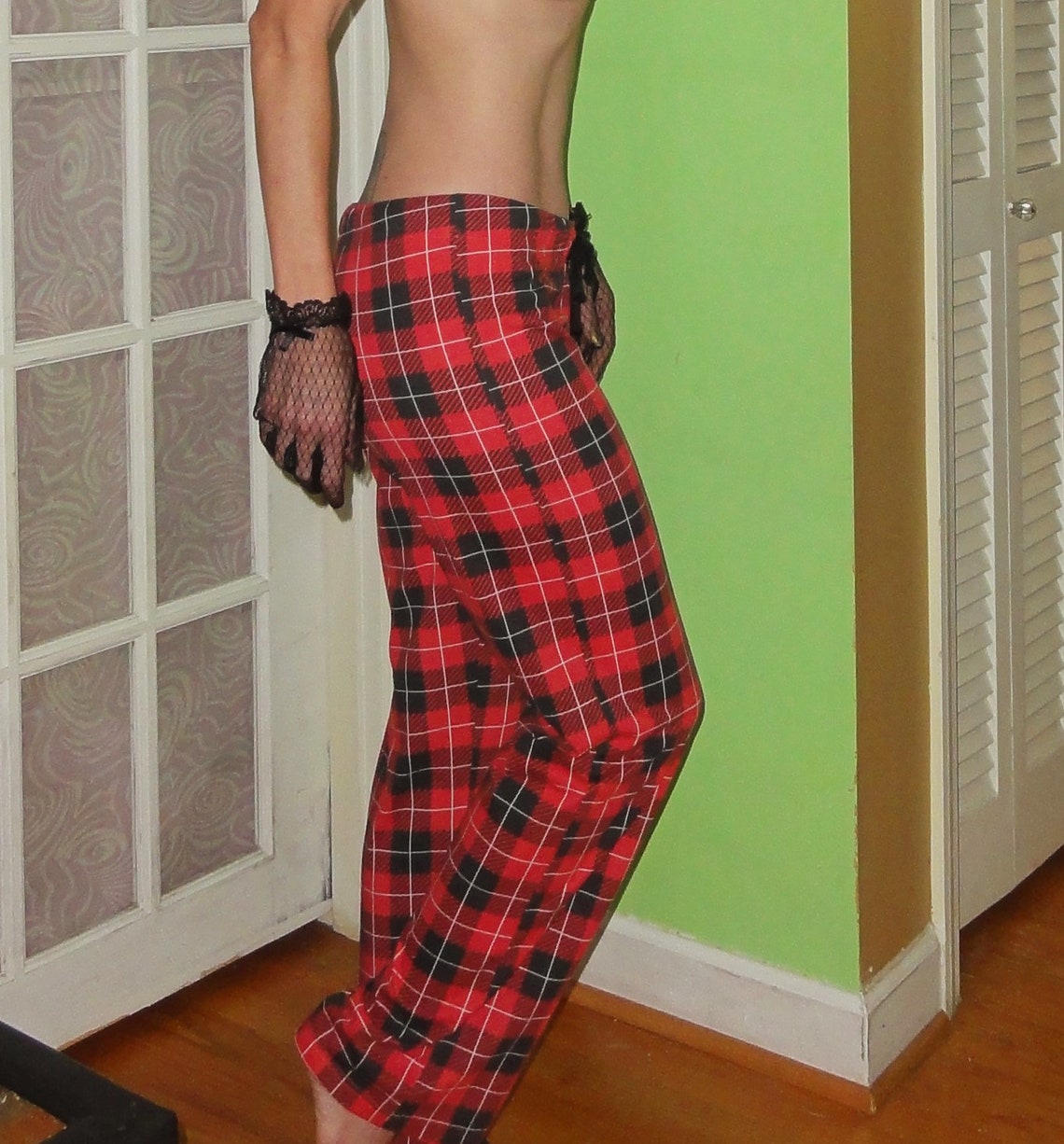 red and black plaid pajama pants