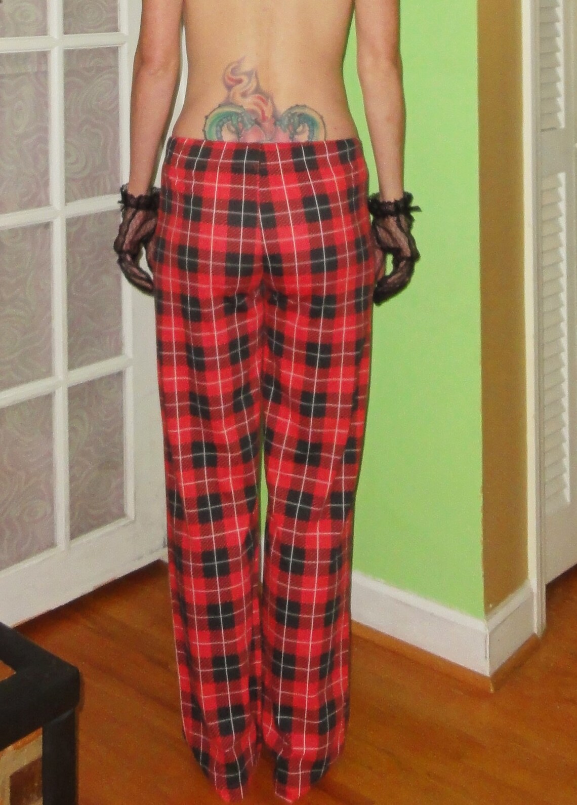 red and black plaid pajama pants
