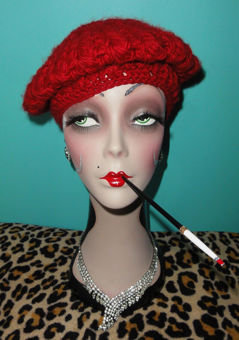 Vintage Blood Red Crochet Beret Hat Beanie Mid Century Etsy