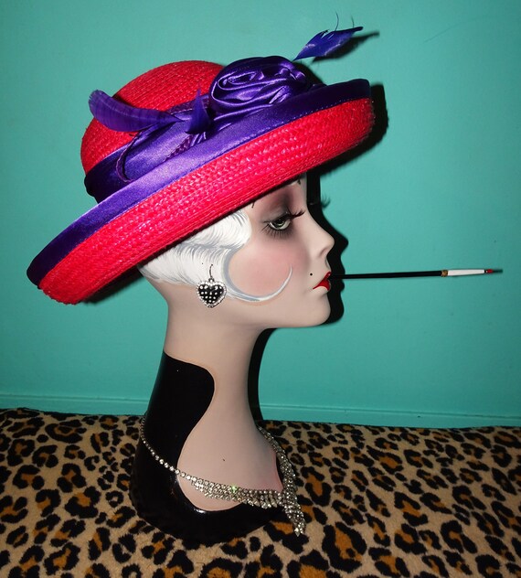 Vintage Red & Purple Church Hat w/ Bow - image 4