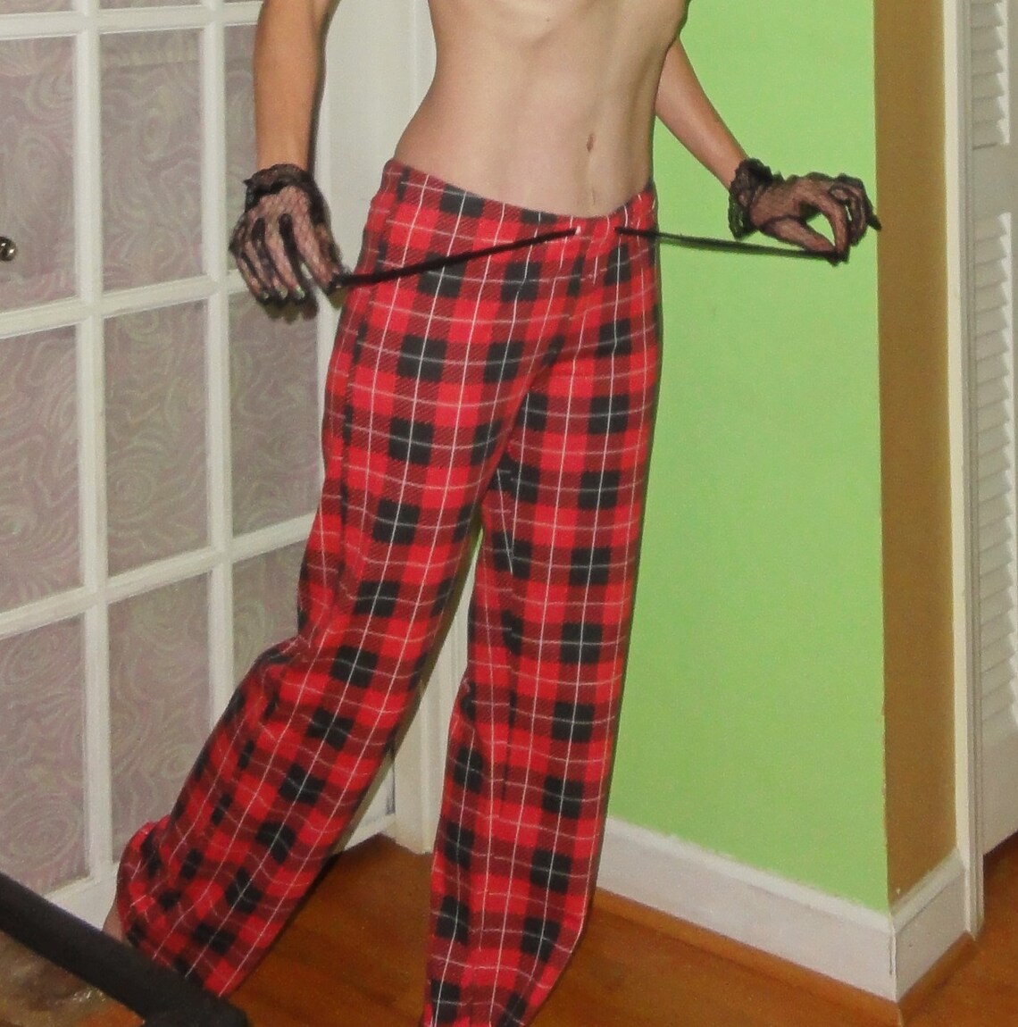 red and black plaid pajama pants
