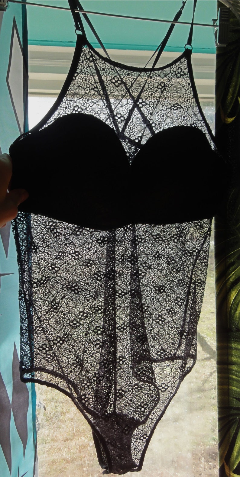 Vintage Black Sheer Lace Body Girdle 38 C shapewear rockabilly pinup retro mad men 1980s boudoir pin up lingerie bettie page goth glam