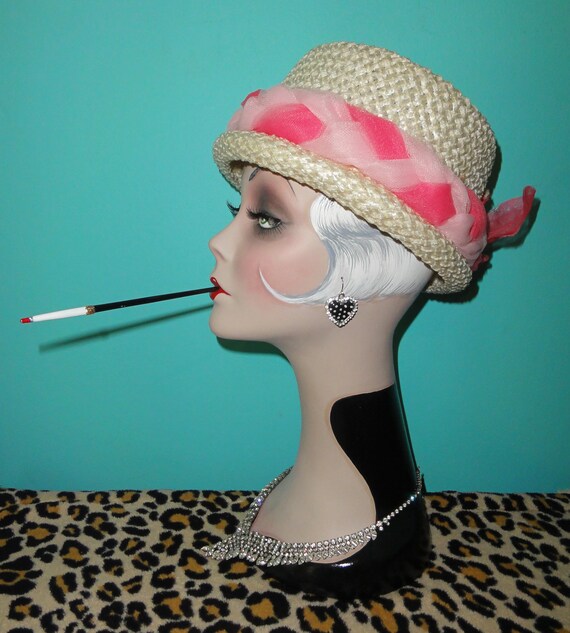 bucket hat with cigarette holder Vintage White Woven Bucket Hat W/ Pink Mesh Cigarette Girl