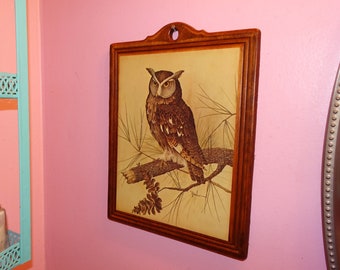 Arte vintage de búho cornudo de E. Rambow sobre madera para colgar en la pared