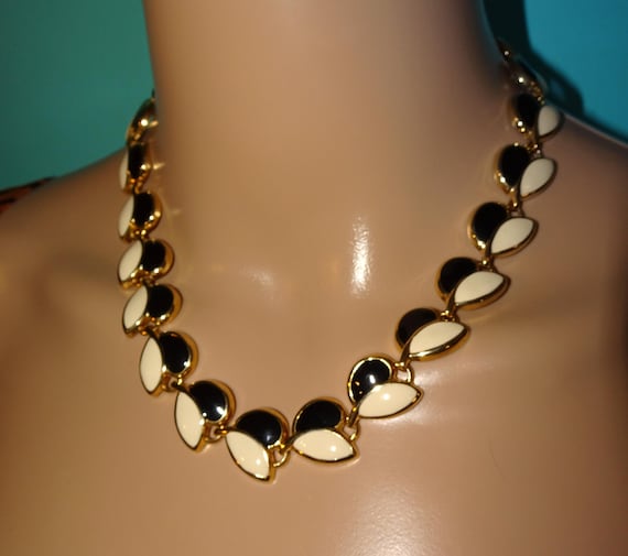 Vintage Gold Tone Black & Cream Leaves Necklace - image 1