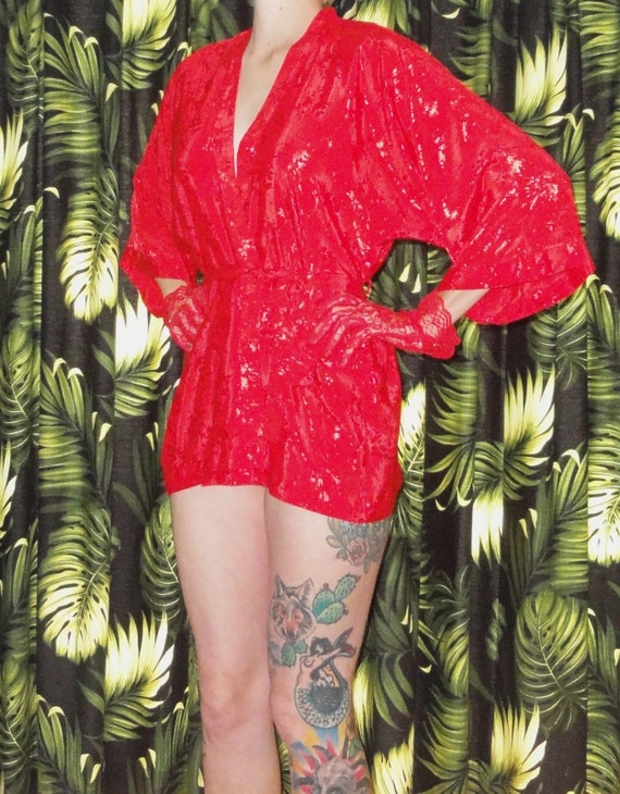 Vintage Short & Sexy Red Robe S pinup retro sleep… - image 4