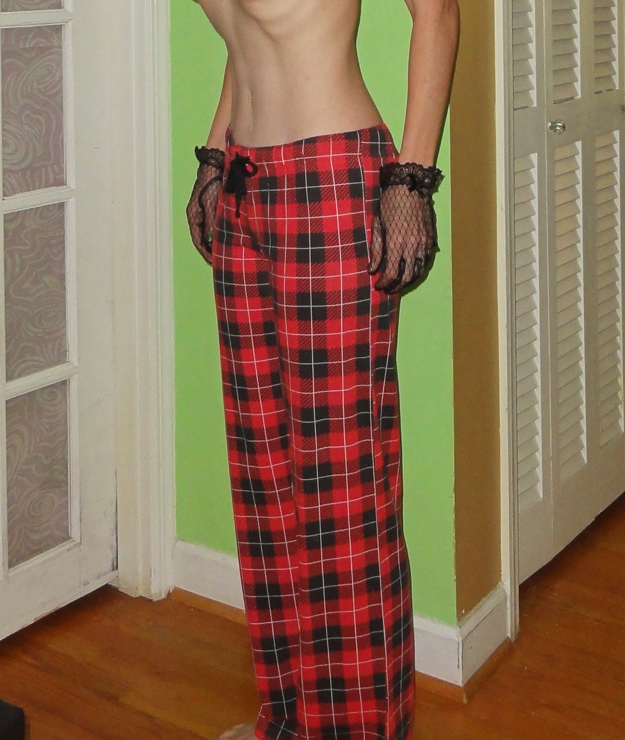 red and black plaid pajama pants