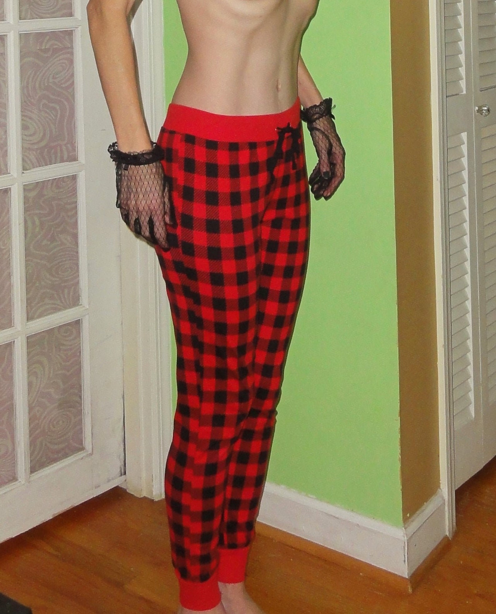 red and black plaid pajama pants
