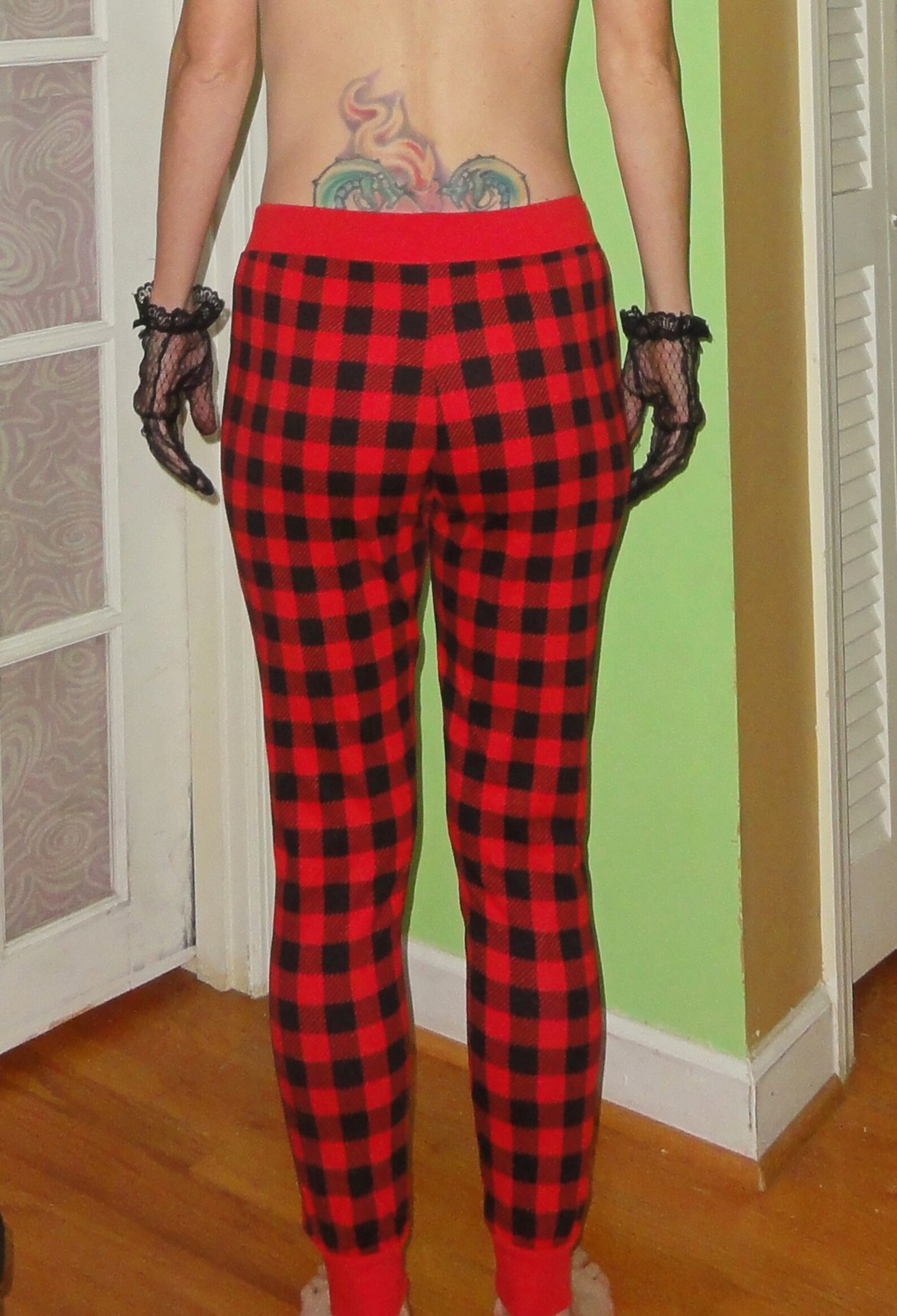 red and black plaid pajama pants