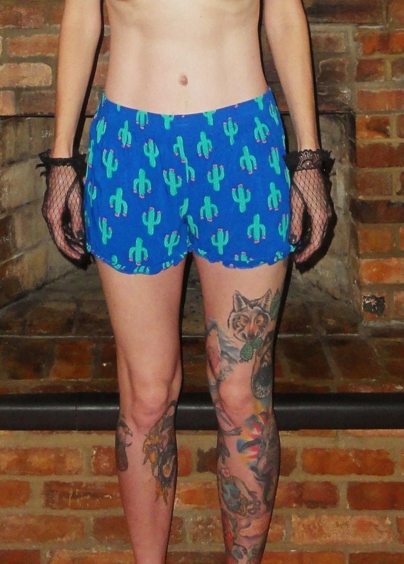 Vintage Blue & Green Cactus Pajama Shorts M sleepw