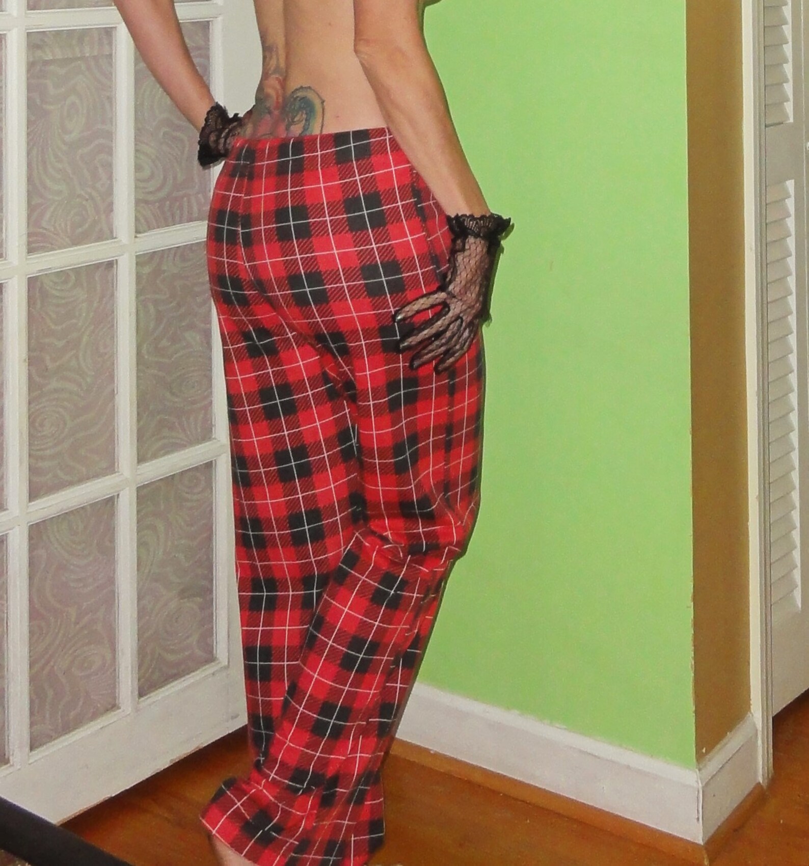 red and black plaid pajama pants