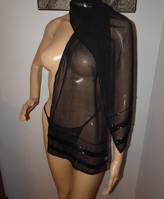 Vintage Sheer Black Lord & Taylor Scarf with Beade