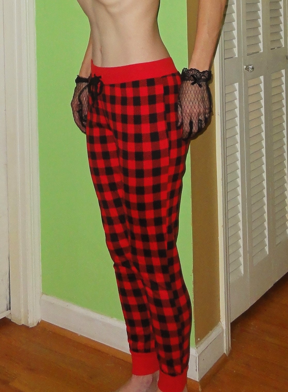 red and black plaid pajama pants