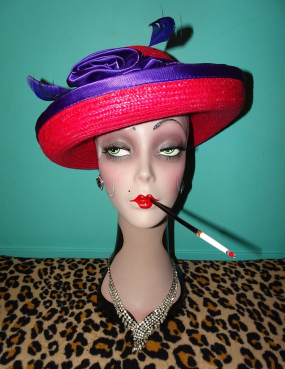 Vintage Red & Purple Church Hat w/ Bow - image 1