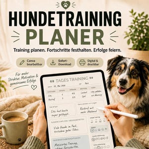 Könnte beinhalten: Ein digitaler Hundetrainingsplaner auf einem Tablet-Bildschirm mit Feldern für tägliche Trainingseinheiten, Notizen und Fortschrittsverfolgung. Das Interface enthält deutschen Text, einen Eingabestift, eine grüne Leine und Hundeleckerlis auf Holz.