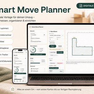 May include: A digital Smart Move Planner displayed on a laptop screen and a smartphone. The interface shows an overview, task list, budget, and floor plan grid. Text includes Smart Move Planner, Mobil optimiert, Kubikmeterrechner, and more.