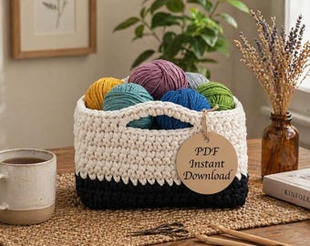 Crochet Storage Basket Pattern PDF, Modern Yarn Organizer (Instant Download)