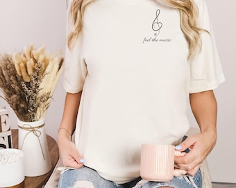 Camiseta minimalista con clave de sol para amantes de la música, camiseta "Siente la música", regalo para amantes de la música, regalo para músicos, camiseta unisex.