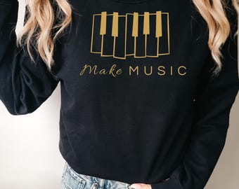 Sudadera Make Music, Sudadera para amantes del piano, Regalo para profesores de música, Sudadera de cuello redondo para pianistas, Sudadera minimalista para músicos, Sudadera musical unisex