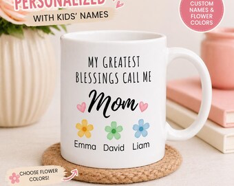 Taza personalizada para mamá con los nombres de sus hijos, regalo del Día de la Madre, taza de café floral personalizada, regalo de los hijos, linda taza para mamá, regalo para mamá