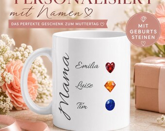 Personalisierte Muttertags Tasse mit Geburtssteinen, Geschenk für Mama, individuelle Namenstasse, Muttertag Geschenk