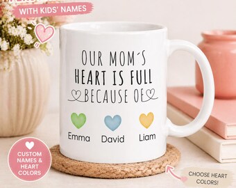 Taza personalizada para mamá con nombres de los niños y colores de corazón, regalo personalizado para el Día de la Madre, taza de café floral, regalo de los niños, linda taza para mamá