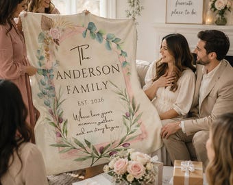 Manta de boda personalizada, manta de forro polar Sherpa con nombre familiar personalizado, regalo de inauguración de casa, regalo de aniversario, manta para celebrar la fundación de la familia.